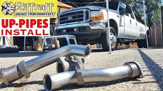 2001 F350 73  RiffRaff UpPipes Install  Stock up pipes leaking and falling apart JUNK SP [upl. by Arakahs607]